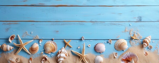 Blue painted wood planks background decorated with sand and sheashells