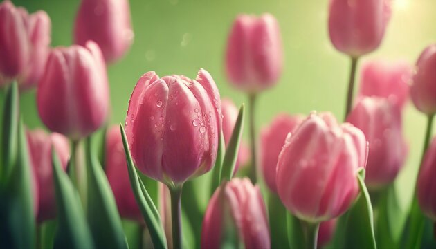 fresh pink tulips, green background