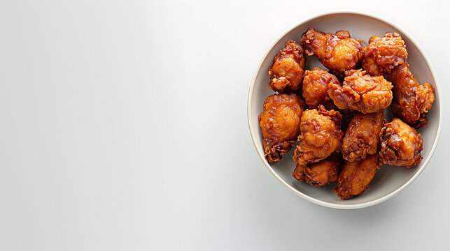 Fried chicken wings in a white bowl on a gray background. Flat lay composition with copy space. Casual dining and comfort food concept for design and menu