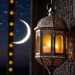 Fototapeta na wymiar Ramadan Kareem lantern with the moon in the background