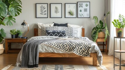 Patterned blanket on wooden bed between tables with plants in bedroom interior with posters.Wall panel and parquet floor, carpet.Rattan folding screen and lamps.