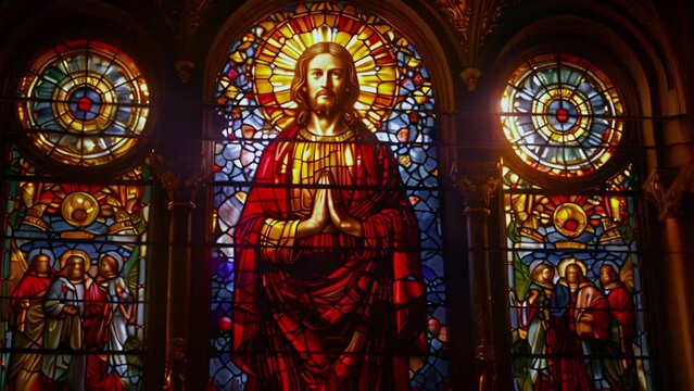 Jesus in church with The Sun's Rays Streaming Through Stained Glass Windows of The Cathedral, Blessing The Church With A Heavenly Light that Enters House Of The Lord. A Reminder Of God's Love 4k