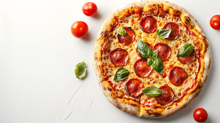 Freshly baked pizza with tomatoes, basil, and mozzarella on a white textured background. Top view with place for text. Italian cuisine and pizza night concept for design and advertisement - obrazy, fototapety, plakaty