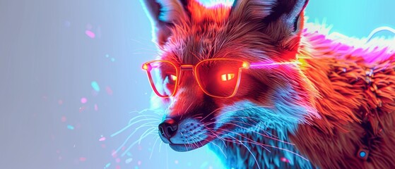 A futuristic 3D cyberpunk fox with whimsical neon fur and glowing digital eyes - obrazy, fototapety, plakaty