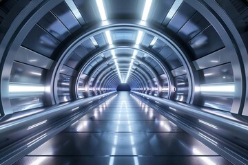 360 degree view of futuristic metallic tunnel with glowing neon lights and reflective surfaces, 3d render illustration hdri - obrazy, fototapety, plakaty