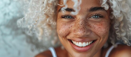 close-up of a smiling mixed race woman with beautiful eyes and smile. white curly hair and freckles on her cheeks.