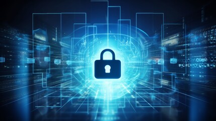Fototapeta premium Futuristic Data Interface with Glowing Blue Padlock Symbol Ai generated