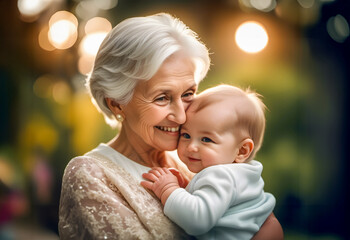 Happy grandmother and baby grandchild. Close up image on bokeh background. - 770585223