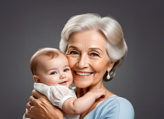 Happy grandmother and baby grandchild. Close up image on dark gray background.. - 770585235