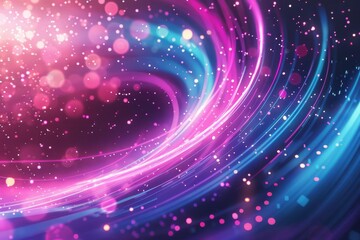 Abstract background with pink and blue glowing neon lines and bokeh lights, representing data transfer and digital communication, vector illustration