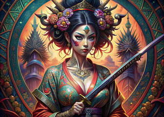 Elegant Geisha with ornate body tattoos, brandishing a Katana blade.
 - obrazy, fototapety, plakaty