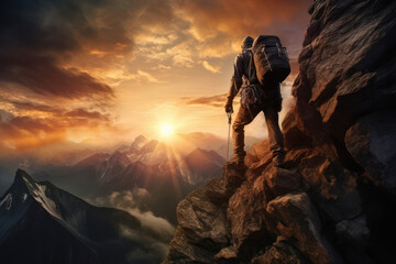 Climber man climbing a large mountain at sunset.The concept of mountain tourism, travel, leadership, success,on the top.