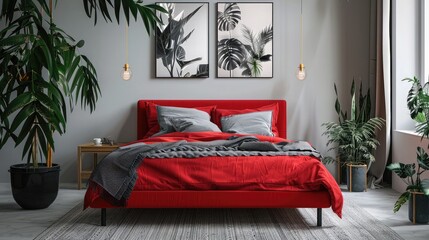 Poster above red bed with blanket in grey bedroom interior with plants and carpet,Light bedroom cozy interior with burning candles and potted plants. Hygge, relax and healthy rest concept.