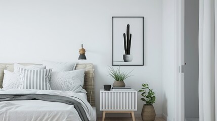 Poster of black cactus in monochrome kid's bedroom with plant in striped pot on white nightstand,poster granite cabinet and frame. 