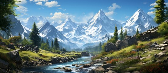 A serene river flows through the picturesque mountain range in the background, surrounded by lush green plants, snowcapped peaks, and a clear blue sky - obrazy, fototapety, plakaty