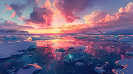 Foto op Plexiglas anti-reflex A breathtaking sunset over the glaciers of Iceland, with vibrant colors reflecting on floating icebergs © Kien