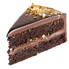 An elegant slice of chocolate cake with glossy chocolate ganache and a sprinkle of gold leaf, isolated on transparent background