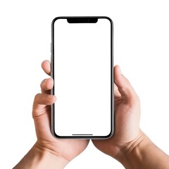 male hands holding a modern smartphone with isolated screen on a white background
