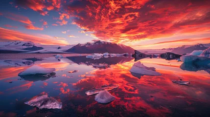 Foto op Canvas A breathtaking sunset over the glaciers of Iceland, with vibrant colors reflecting on floating icebergs © Kien