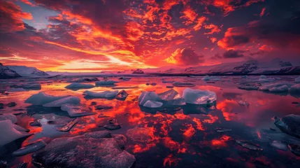 Foto op Plexiglas A breathtaking sunset over the glaciers of Iceland, with vibrant colors reflecting on floating icebergs © Kien