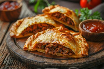 Appetizing crispy empanadas filled with savory minced beef, served on rustic wooden plate, food photography illustration