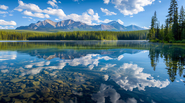 A crystal-clear lake reflecting the perfect image of the surrounding mountains and forests.