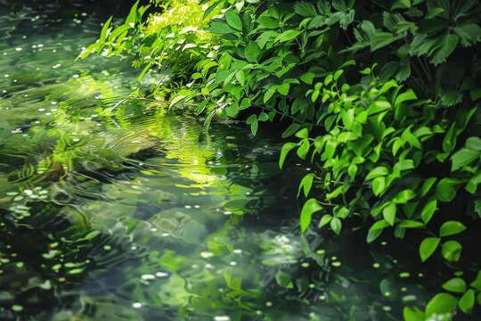 Beautiful close-up of a clear, fresh spring stream with lush green plants, horizontal banner format, abstract outdoor nature background, digital painting