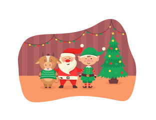 Collection of cute Christmas characters for graphic and web design. Cute Christmas elements, Santa, Snowman, gifts, snowflakes, bears, penguins, cow, tree. Illustration in flat style.