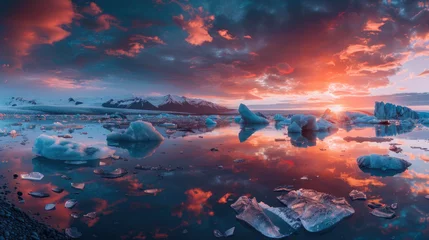 Papier Peint photo autocollant Réflexion A breathtaking sunset over the glaciers of Iceland, with vibrant colors reflecting on floating icebergs
