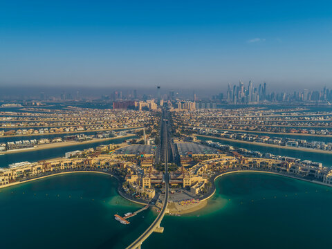 Aerial view of the Palm Jumeirah and Nakhlat Jumeira, Dubai, United Arab Emirates, bridge.