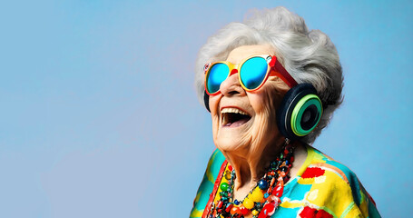 laughing Gray Haired senior woman cheerfully posing with headphones on blue background. elderly grandmother listening to music on earphone. Disco leisure hobby. Grandma Mom Active pension.