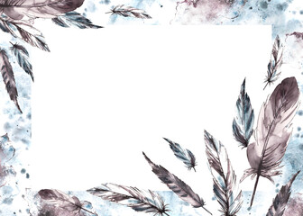 Watercolor painted monochrome banner. Bird grey feathers with graphic ink line on watercolor brush stroke splashes. Real wings card template illustration. Clipart for print. Isolated white background