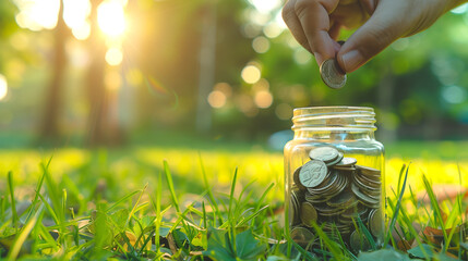 Saving Money in a Jar on Sunny Grass. A hand placing a coin into a glass jar full of coins on lush green grass, bathed in warm sunlight, symbolizing savings and financial growth.