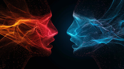 Conceptual Digital Art of Human Connection. Abstract digital artwork illustrating the concept of human connection and interaction through neural network-style profiles in contrasting colors.