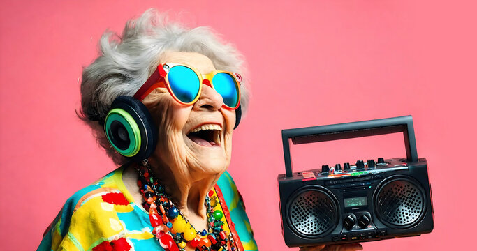 Gray Haired senior woman cheerfully posing with record player on pink, purple background. elderly grandmother listening to music on retro tape recorder. Disco leisure hobby. Grandma Mom Active pension - Powered by Adobe
