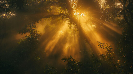 A dense ancient forest bathed in the golden light of sunrise with rays piercing through the fog.