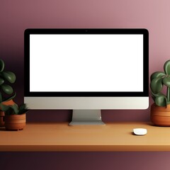 Computer with white screen on the table. 3D illustration. Mock up.