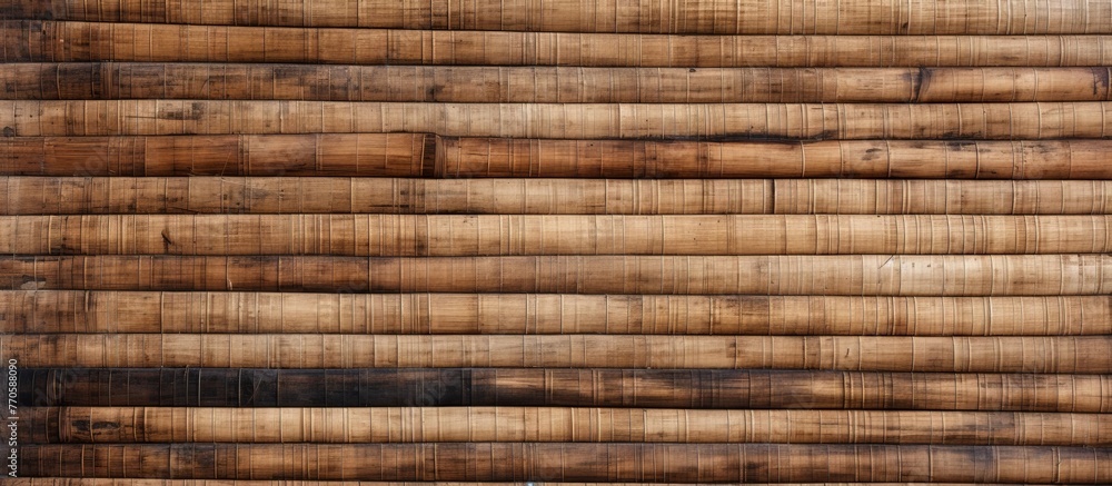 Aufkleber a closeup of a wooden wall constructed with logs showcasing intricate patterns and symmetry, featuri
