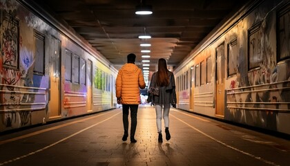 Urban Exploration: Two Individuals Walking Through Subway Tunnel Amid Graffiti-Adorned Walls