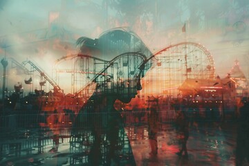 Haunted playground: A pastel double exposure overlays a child's silhouette on the skeletal remains of an amusement park, evoking a sense of playful eeriness with nostalgic color - obrazy, fototapety, plakaty