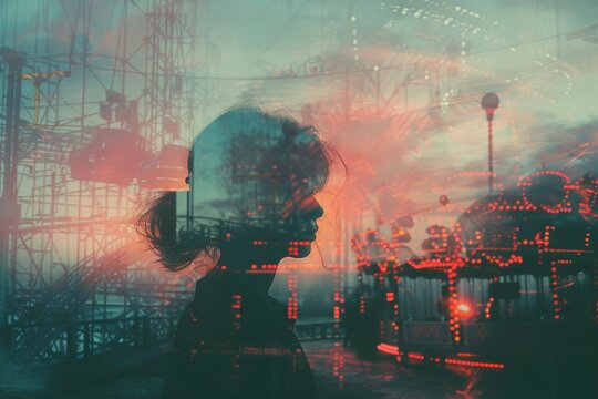 Haunted playground: A pastel double exposure overlays a child's silhouette on the skeletal remains of an amusement park, evoking a sense of playful eeriness with nostalgic color
