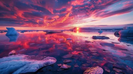 Raamstickers A breathtaking sunset over the glaciers of Iceland, with vibrant colors reflecting on floating icebergs © Kien