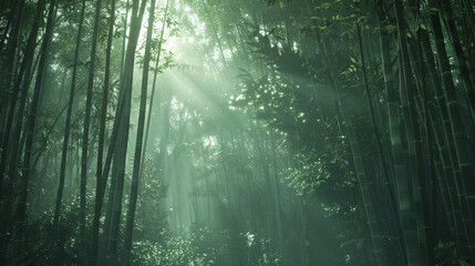 A dense bamboo forest with shafts of light filtering through the tall stalks creating a peaceful...