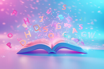 Open book with letters flying out against dreamy colorful background. Imaginative abstract illustration. School concept of reading, learning, creativity, education or storytelling.