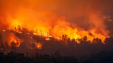 A dense forest fire raging consuming everything in its path exacerbated by dry conditions and high temperatures.