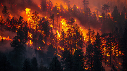 A dense forest fire raging consuming everything in its path exacerbated by dry conditions and high temperatures. - obrazy, fototapety, plakaty