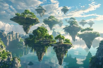 Futuristic Alien Planet Landscape with Strange Vegetation and Floating Islands, Sci-Fi Scenery - obrazy, fototapety, plakaty