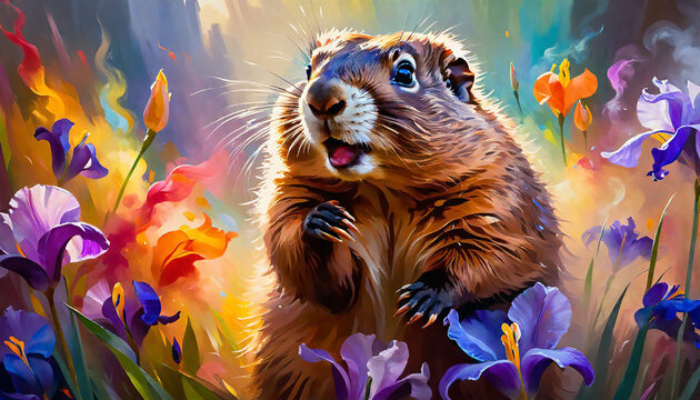 a painting of a groundhog in a field of flowers with his mouth open and tongue out,with a colorful background of flowers