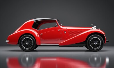 This red vintage roadster with a black soft-top and spoked wheels commands attention on a reflective grey surface. It