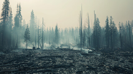 A dense forest partially burned aftermath of a wildfire under a smoky sky. - obrazy, fototapety, plakaty